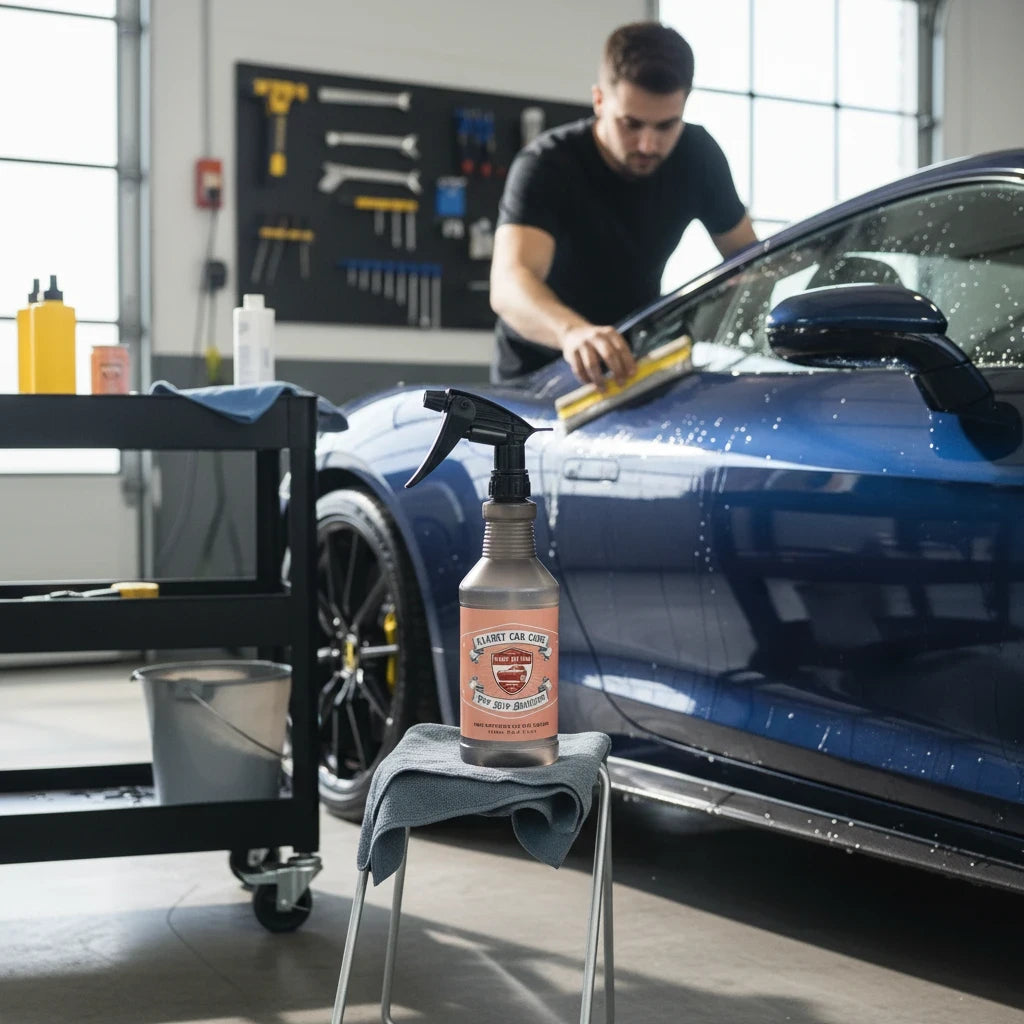 Planet Car Care PPF Slip Solution 750ml spray bottle on a stool in a professional car detailing garage