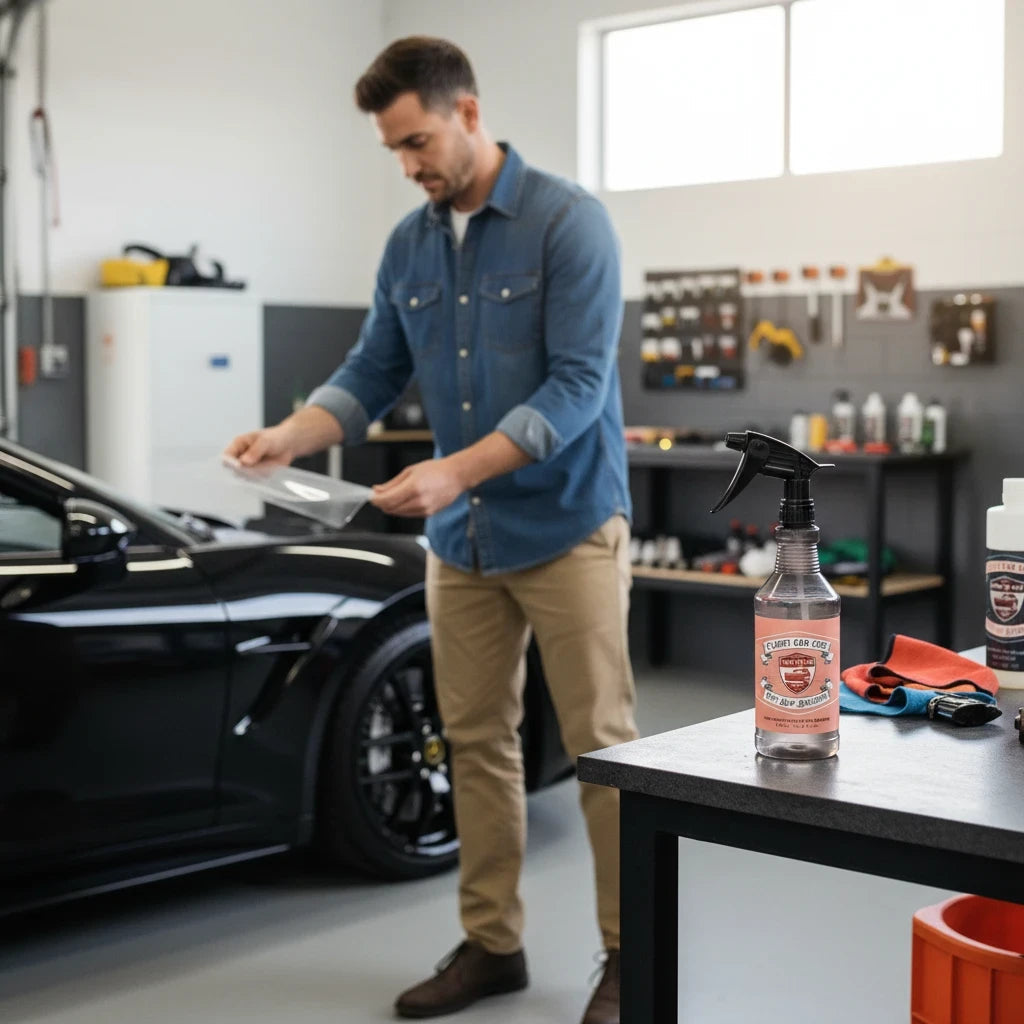 Planet Car Care PPF slip solution spray bottle on a workbench with a technician applying film to a black car