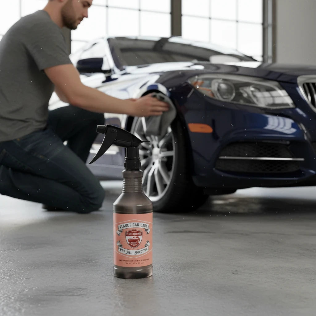 Planet Car Care PPF Slip Solution 750ml spray bottle on a garage floor with a technician applying film to a car
