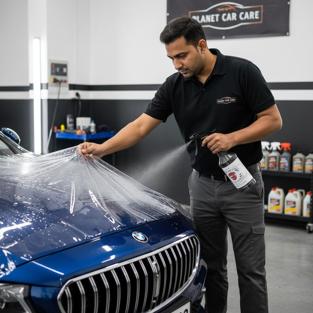 Planet Car Care technician applying PPF tack solution to a blue car hood in a professional detailing studio