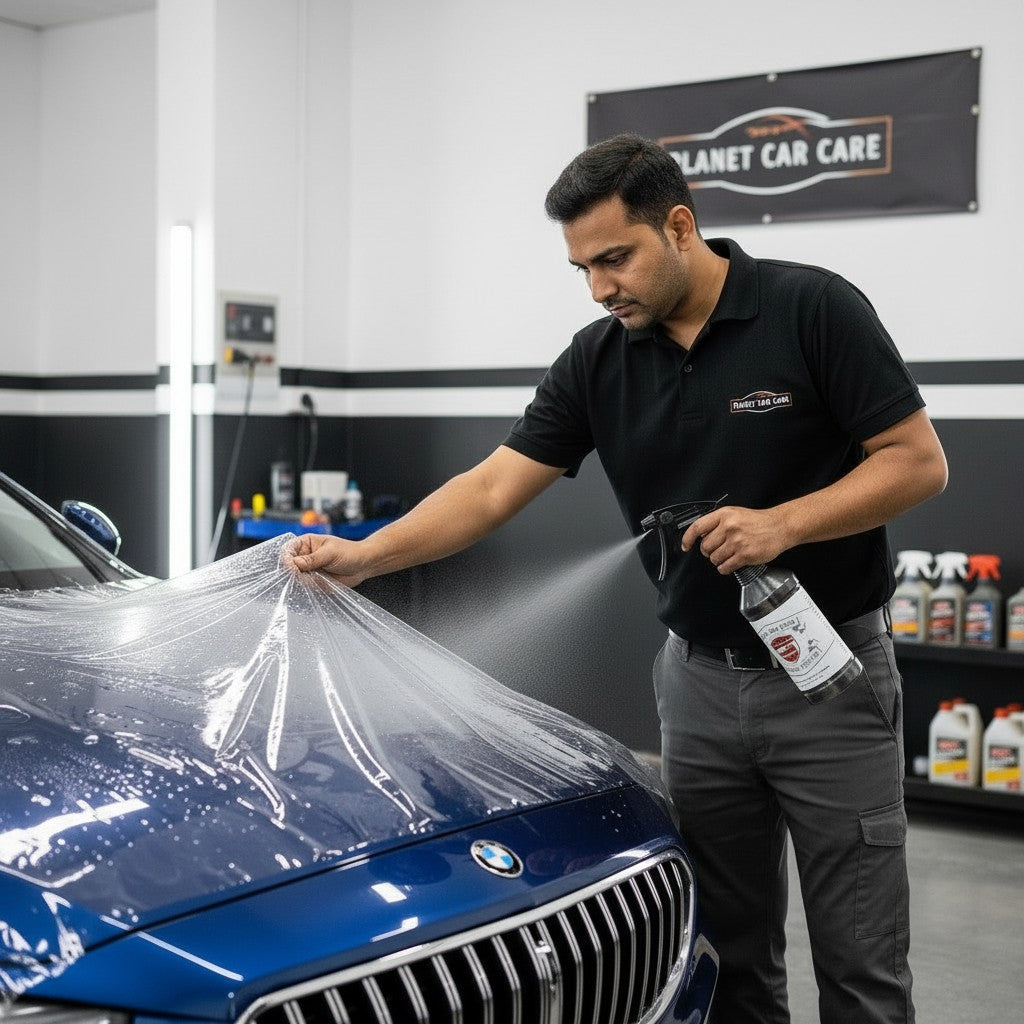 Technician using Planet Car Care PPF Tack Solution spray to apply paint protection film to a blue car hood