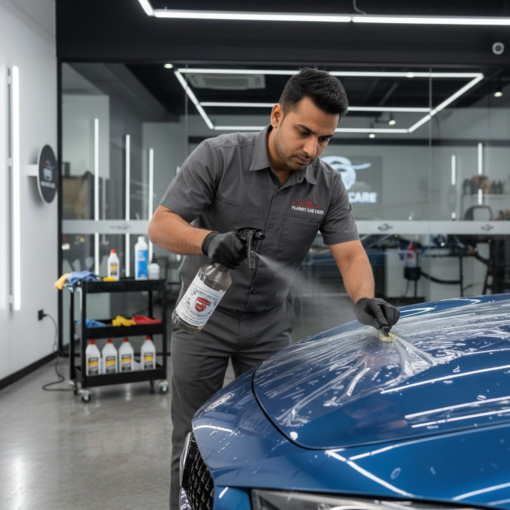 Planet Car Care technician applying PPF tack solution to a blue car hood in a professional detailing studio