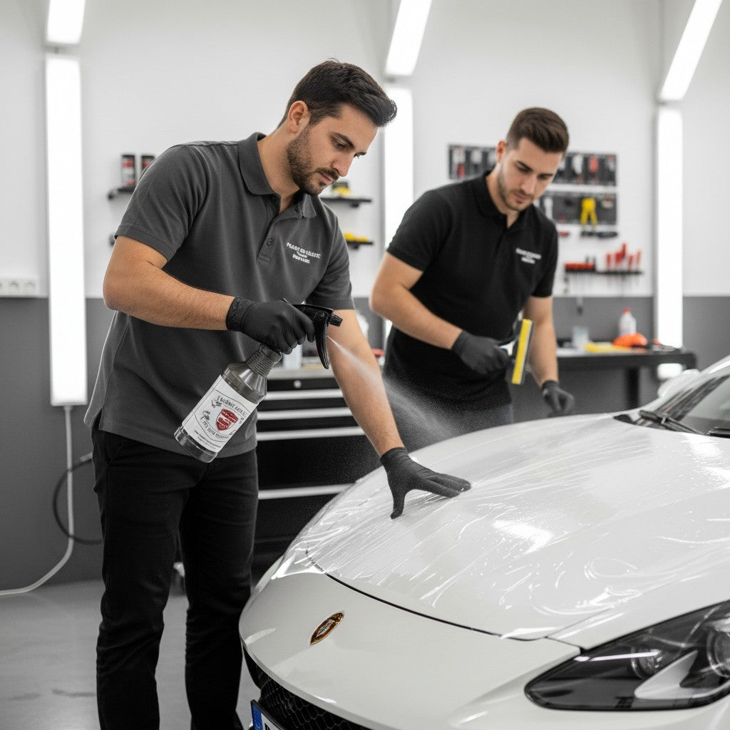 Planet Car Care technician applying PPF tack solution to a white car hood in a professional detailing studio