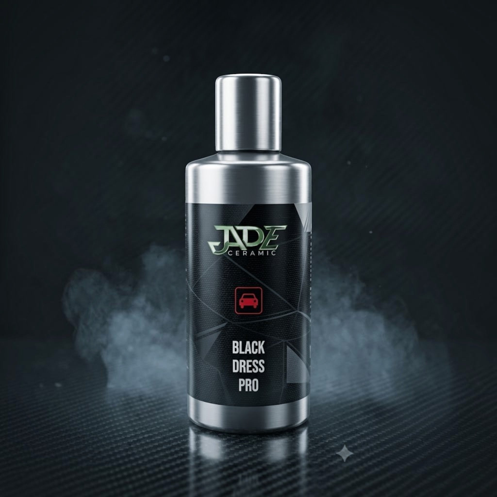 Planet Car Care Puris Jade Black Dress Pro ceramic coating bottle on a carbon fiber surface with smoke effects
