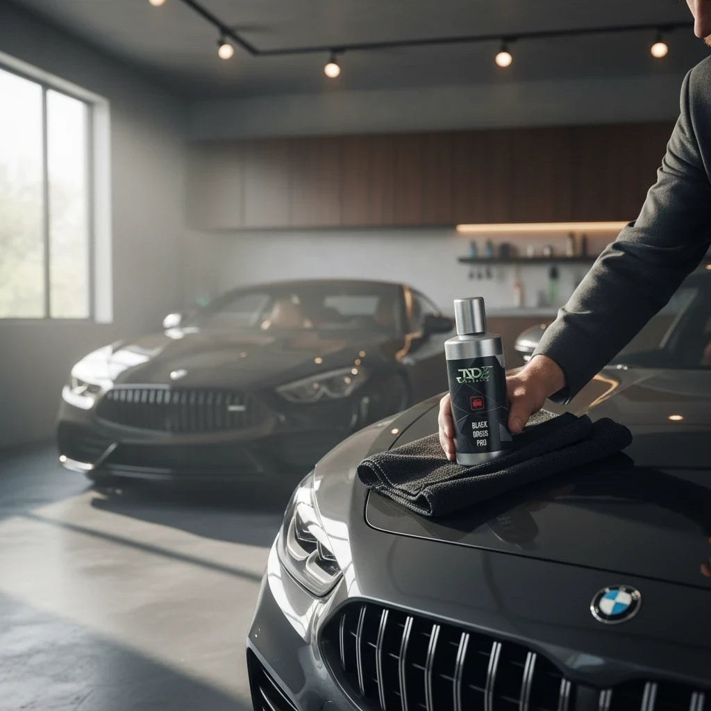 Planet Car Care Puris Jade Black Dress Pro ceramic coating bottle held over a car hood in a professional garage