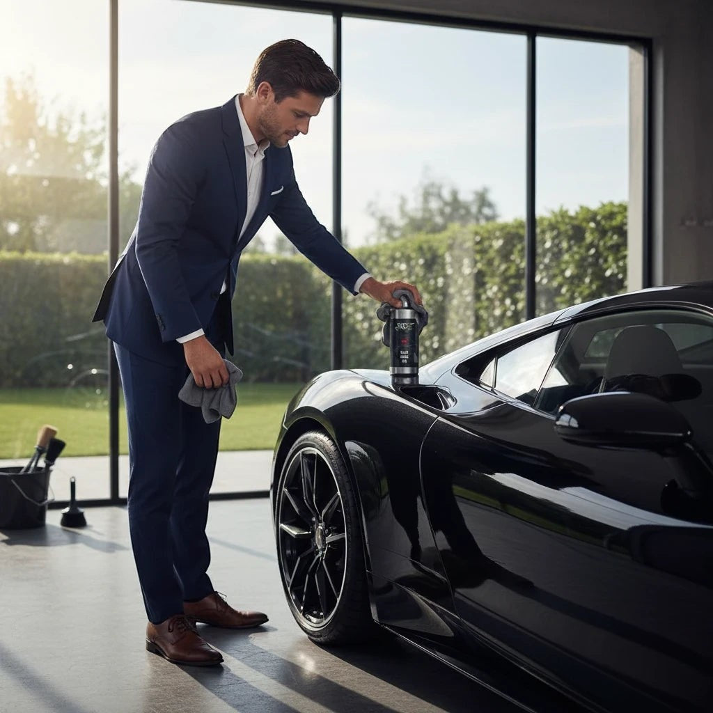 Planet Car Care professional applying Puris Jade Black Dress Pro ceramic coating to a sleek black sports car