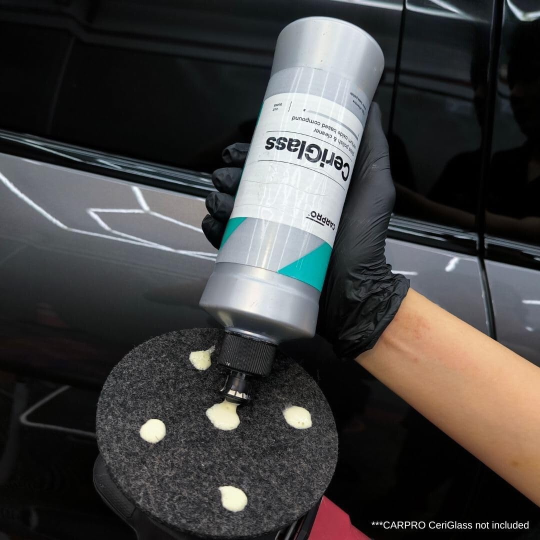 Planet Car Care CarPro rayon glass polishing pad with CeriGlass polish being applied for automotive glass restoration