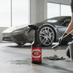Planet Car Care Rim Raider non-acid wheel and tyre cleaner in a 750ml spray bottle held by a person in a garage.