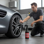 Planet Car Care Rim Raider non-acid wheel and tyre cleaner bottle next to a man cleaning a car wheel with a cloth.
