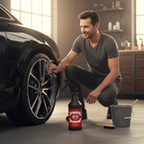 Planet Car Care Rim Raider wheel cleaner bottle next to a man cleaning a black car wheel in a garage.