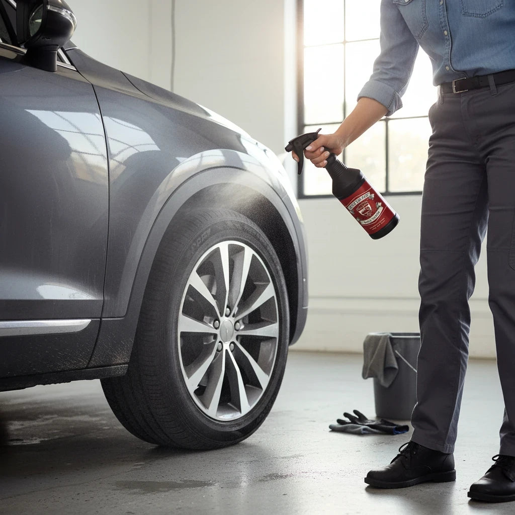 Planet Car Care Rim Raider non-acid wheel and tyre cleaner being sprayed onto a grey car wheel in a garage