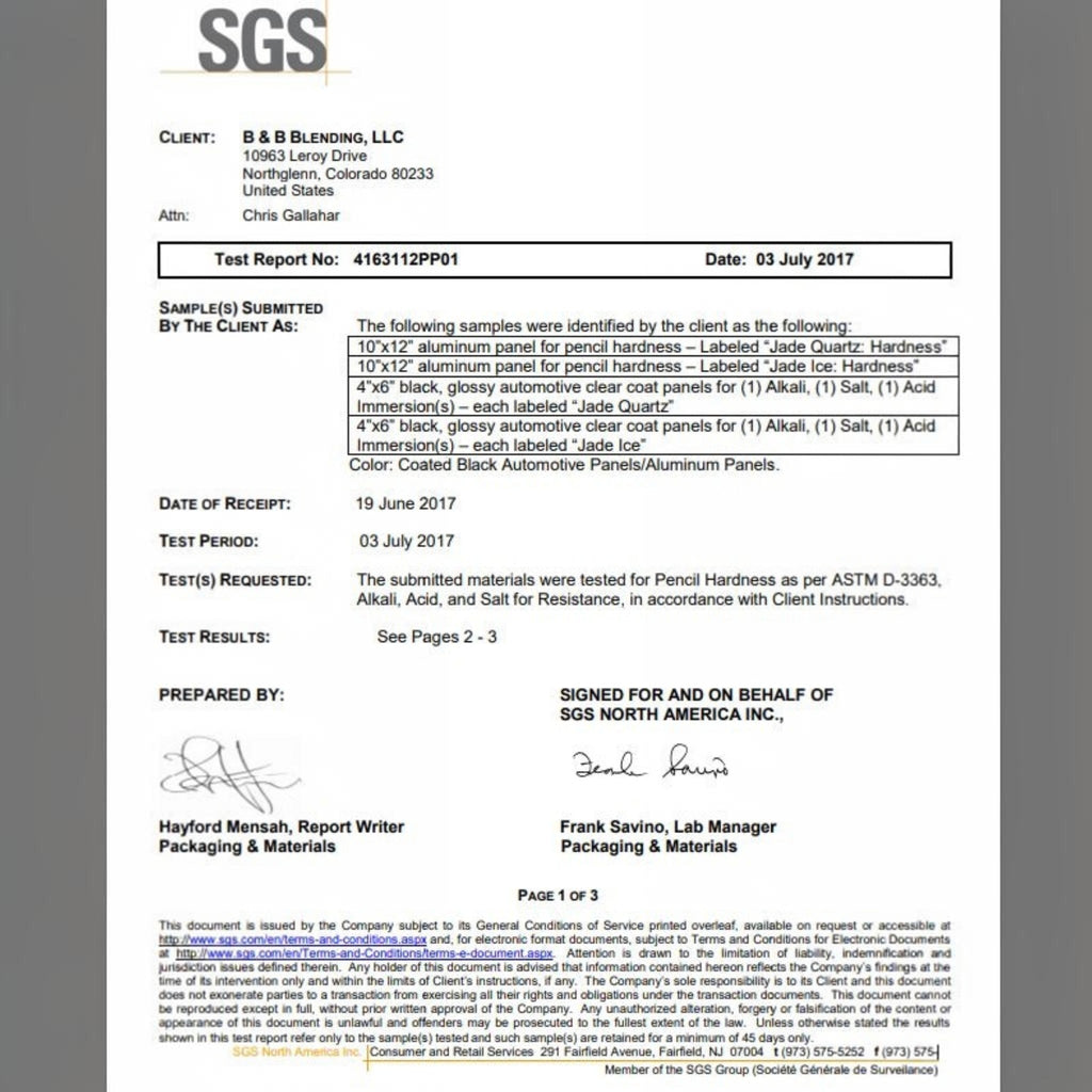 Planet Car Care SGS test report document for Puris Jade Quartz 9H ceramic coating hardness and chemical resistance