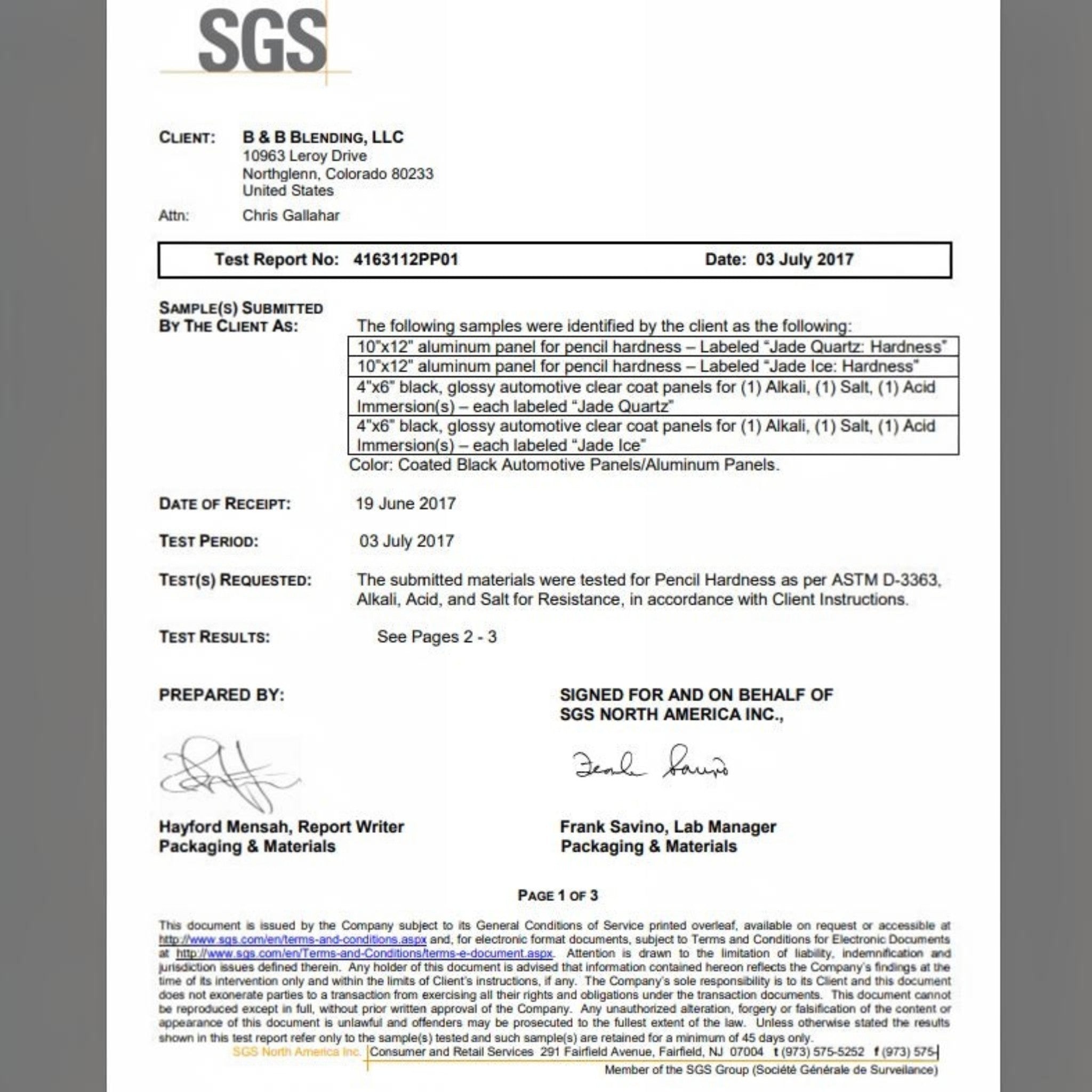 Planet Car Care SGS test report document for Puris Jade Quartz 9H ceramic coating hardness and chemical resistance