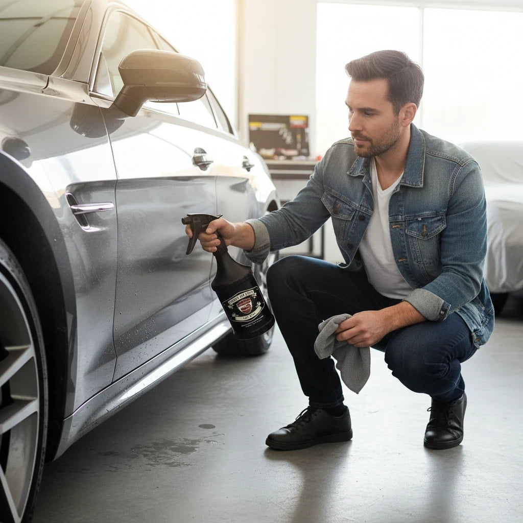 Man using Planet Car Care tar and glue remover spray on a grey car exterior in a professional detailing garage