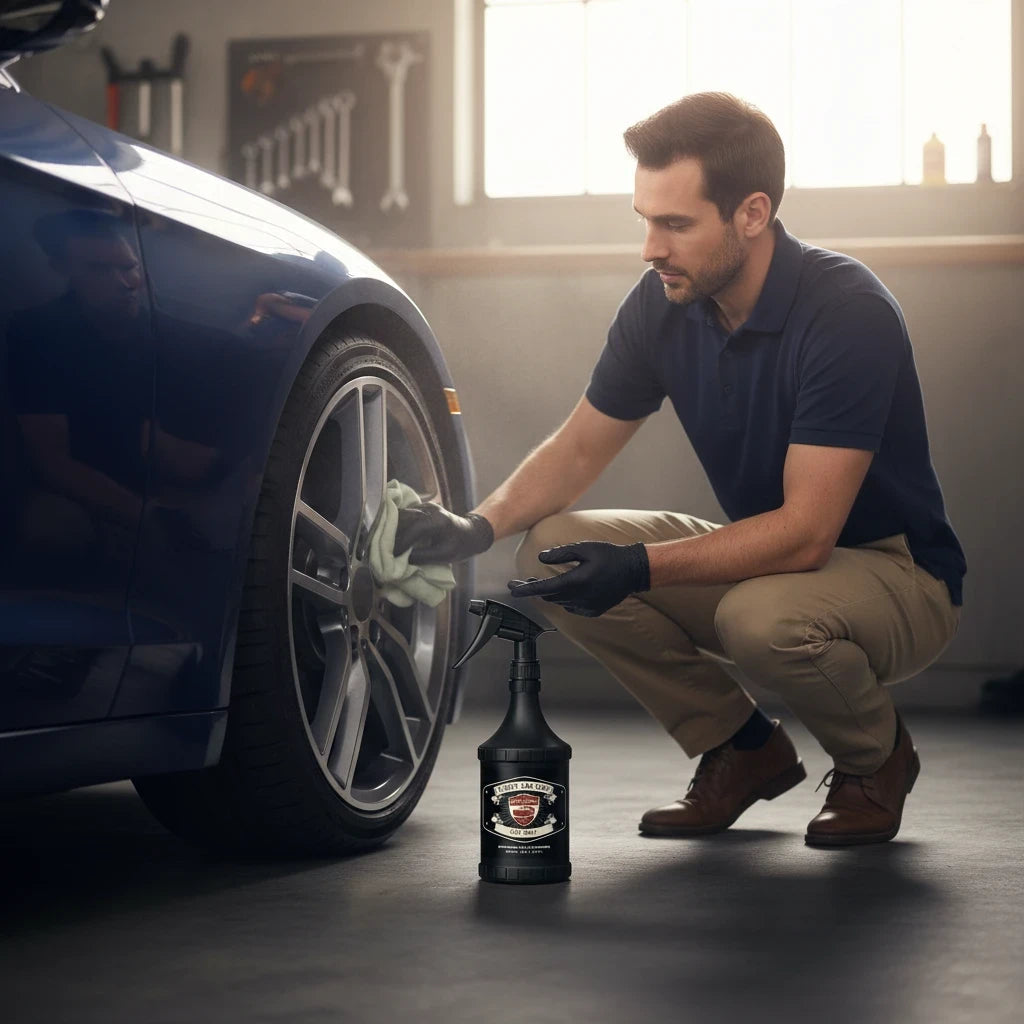 A man using Planet Car Care tar and glue remover to clean a car wheel in a garage setting.