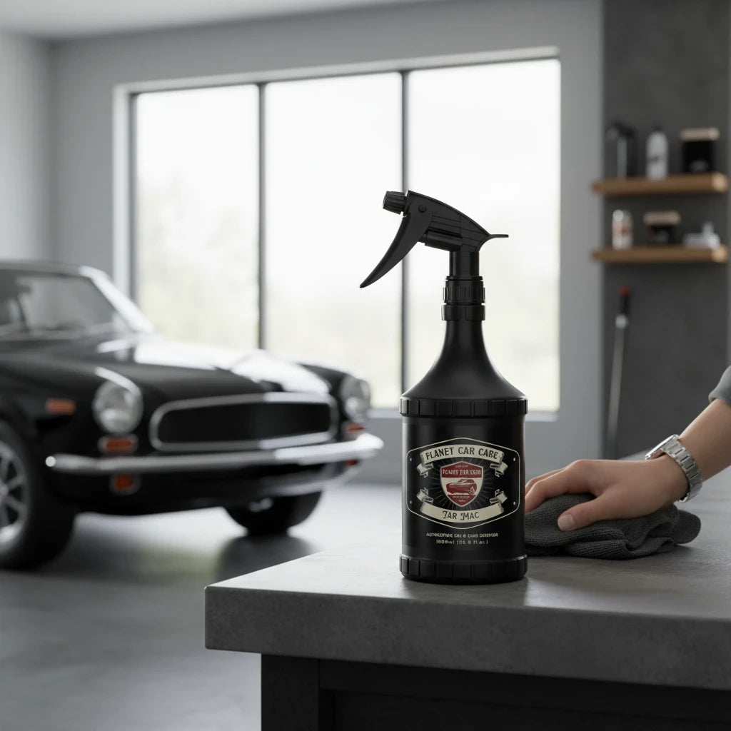 Planet Car Care TarMac tar and glue remover in a black spray bottle on a workbench with a car in the background.