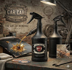 Planet Car Care TarMac tar and glue remover in a black spray bottle on a workshop table with detailing tools