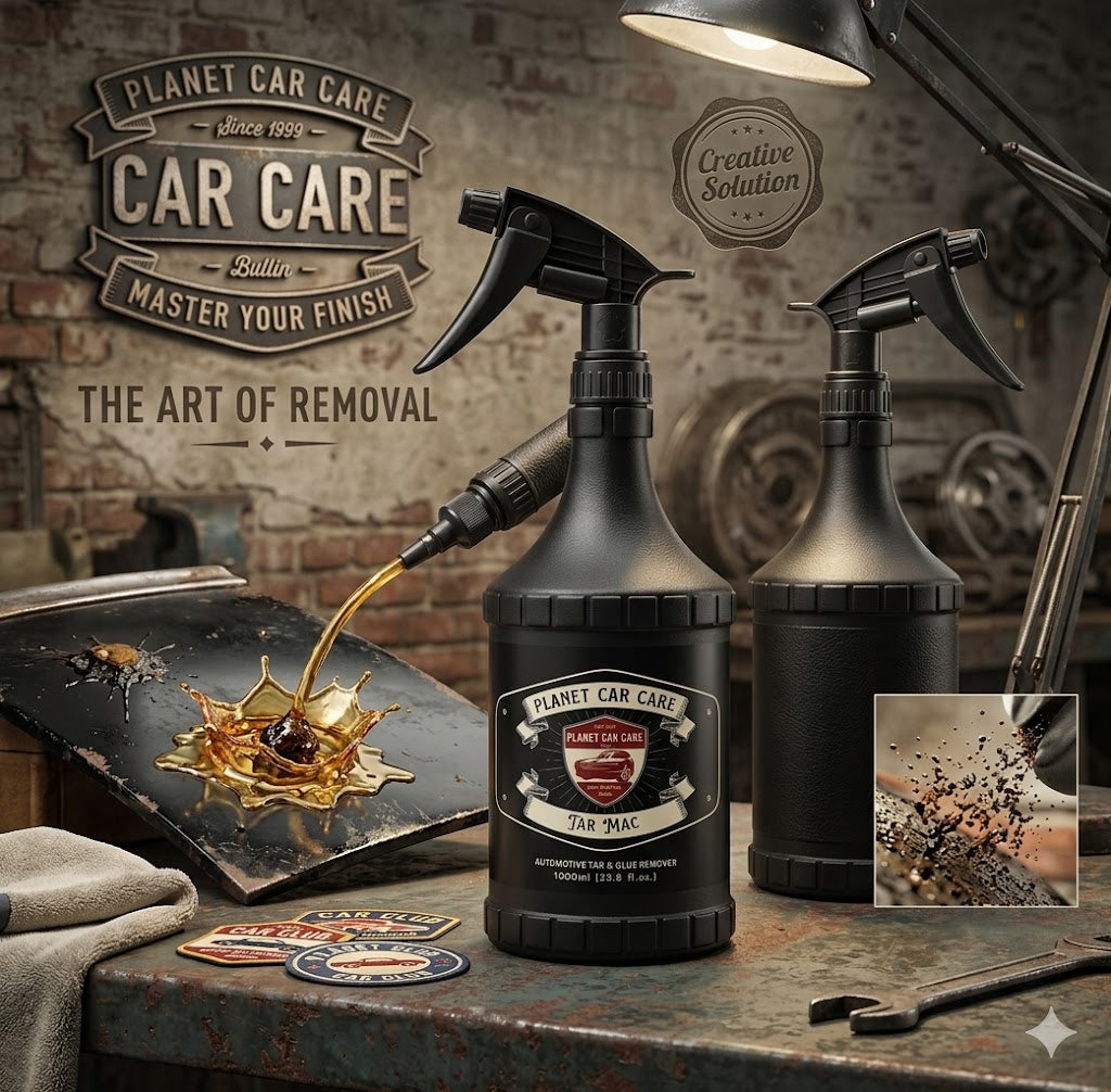 Planet Car Care TarMac tar and glue remover in a black spray bottle on a workshop table with detailing tools