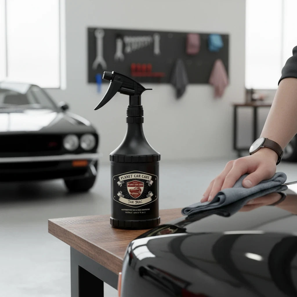 Planet Car Care TarMac tar and glue remover spray bottle being used to clean a car surface in a professional garage