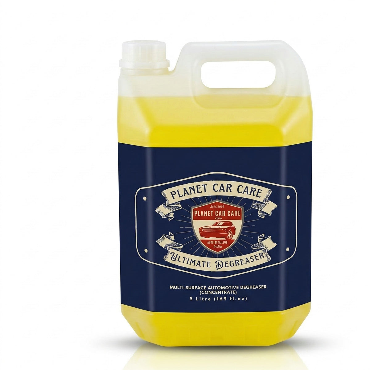 Planet Car Care 5L Ultimate Degreaser concentrated yellow cleaning formula in a reusable plastic container