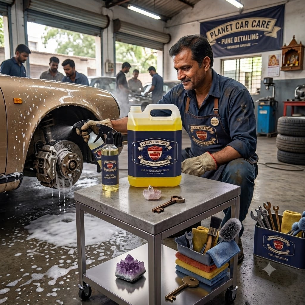 Planet Car Care technician using a foaming degreaser on a car wheel in a professional auto detailing workshop.