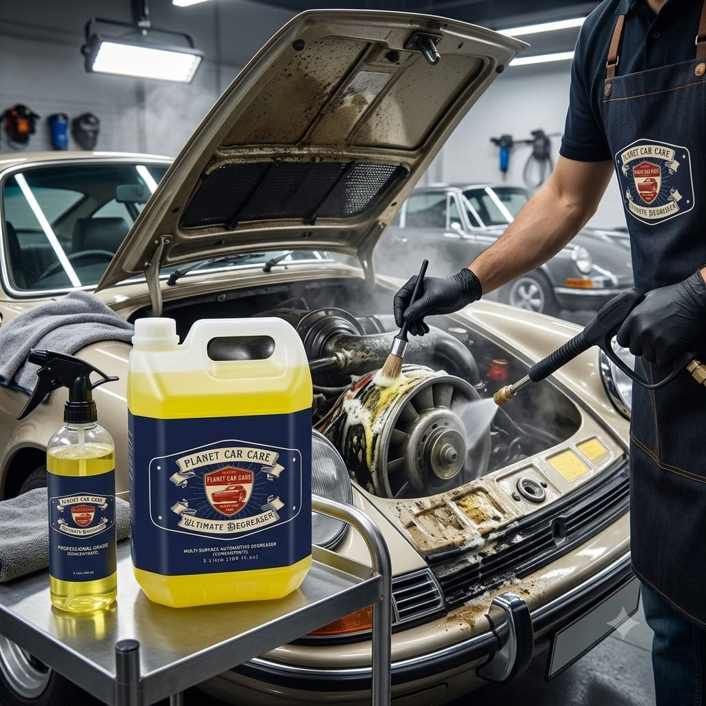 Planet Car Care Ultimate Degreaser 5L concentrate used by a professional to clean a vintage car engine with a brush.
