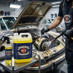 Planet Car Care Ultimate Degreaser 5L concentrate used by a professional to clean a vintage car engine with a brush.