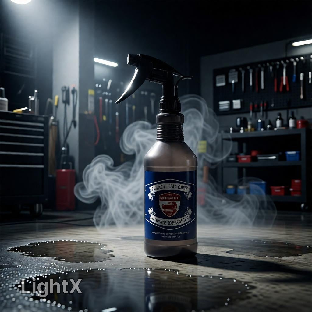Planet Car Care Ultimate Degreaser in a reusable spray bottle, set in a professional auto detailing garage workshop.