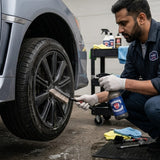 Planet Car Care technician using Ultimate Degreaser and a brush to clean a car wheel in a professional garage