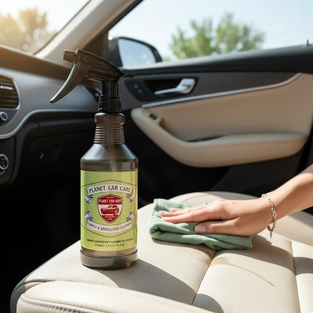 Planet Car Care fabric fresh upholstery cleaner bottle with trigger spray being used to clean a car seat with a cloth