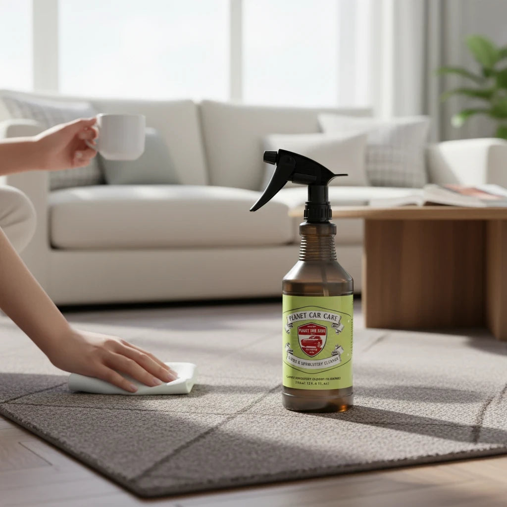 Planet Car Care fabric upholstery cleaner spray bottle on a carpeted floor with a hand cleaning a stain nearby