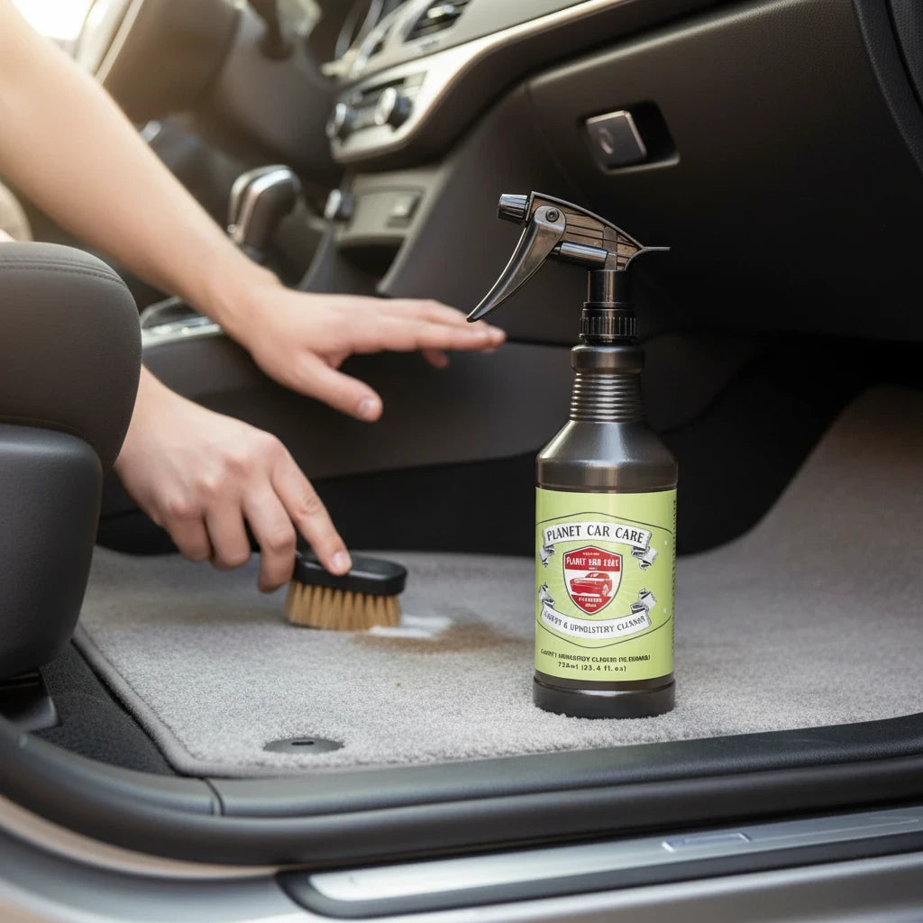 Planet Car Care fabric fresh upholstery cleaner bottle being used to clean a car floor mat with a scrub brush