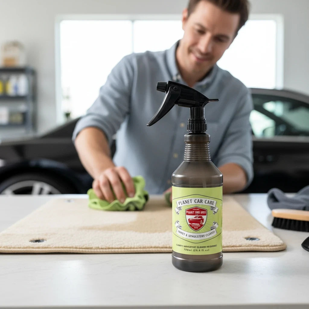 Planet Car Care pH neutral upholstery cleaner spray bottle with a man cleaning a car floor mat in the background