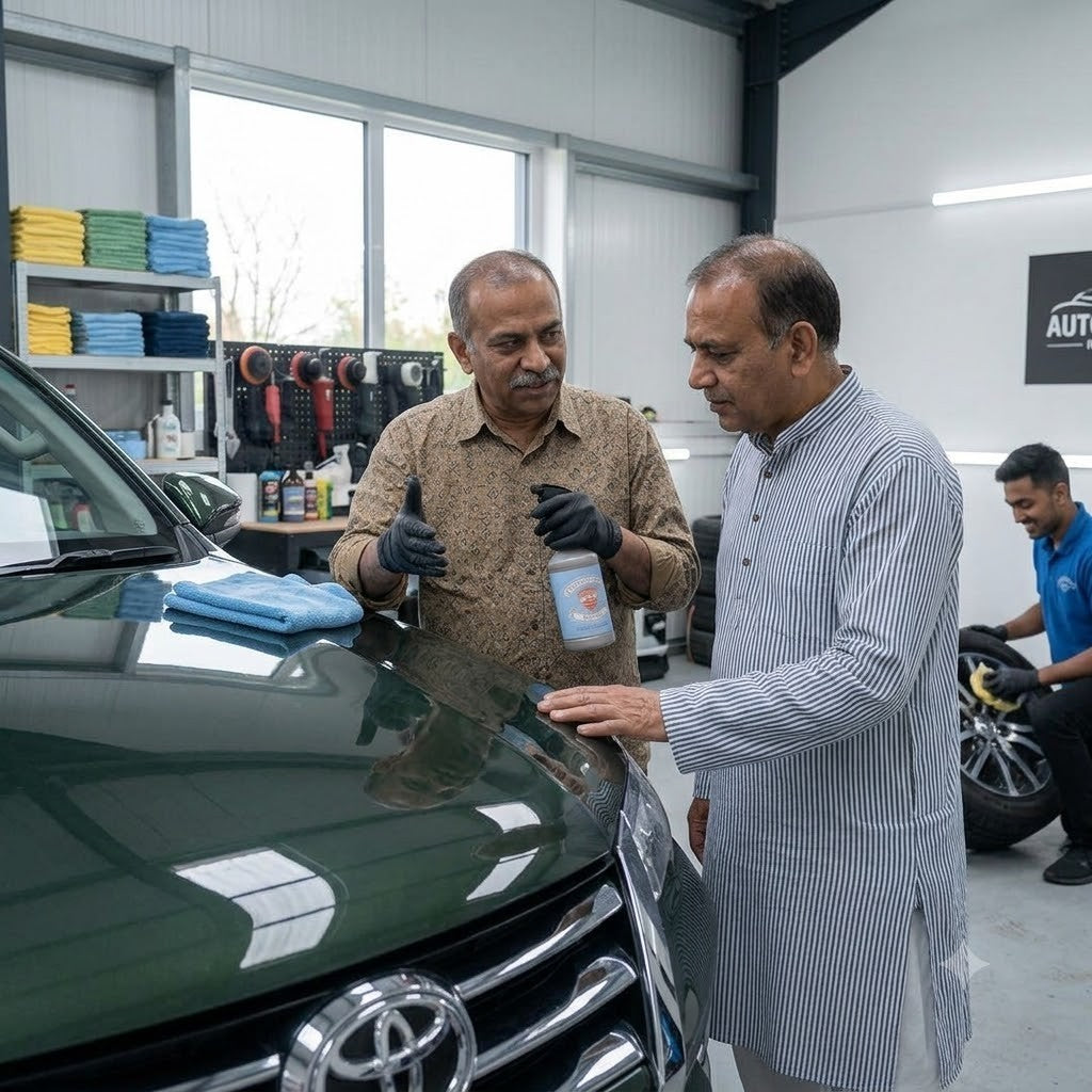 Planet Car Care Eco Gloss waterless wash spray being used by two men to clean a green car in a professional garage
