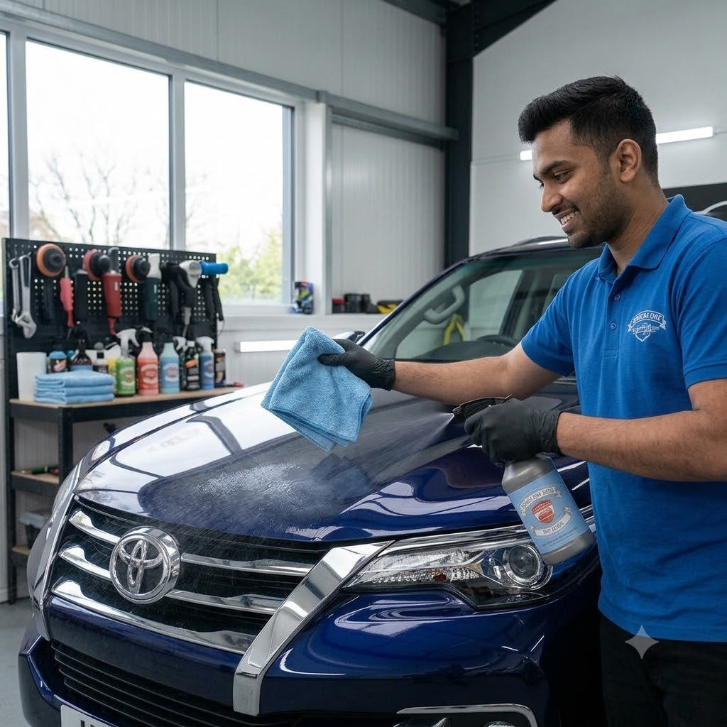 Planet Car Care technician using Eco Gloss waterless wash spray and a blue microfiber cloth on a dark blue car hood