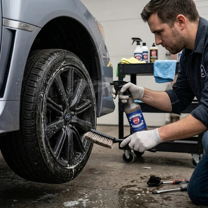 Planet Car Care professional using a spray bottle to apply foaming degreaser to a car wheel with a detailing brush