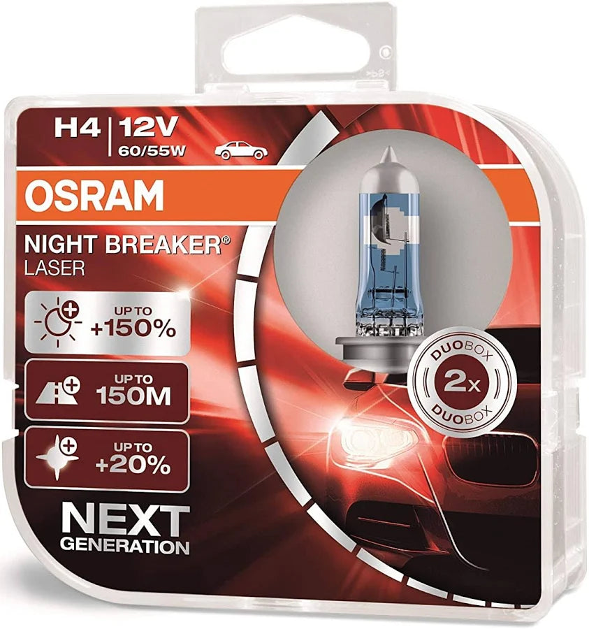 OSRAM Night Breaker Laser H4 12V 60/55W 150% Brighter Halogen Headlight Bulb Pair