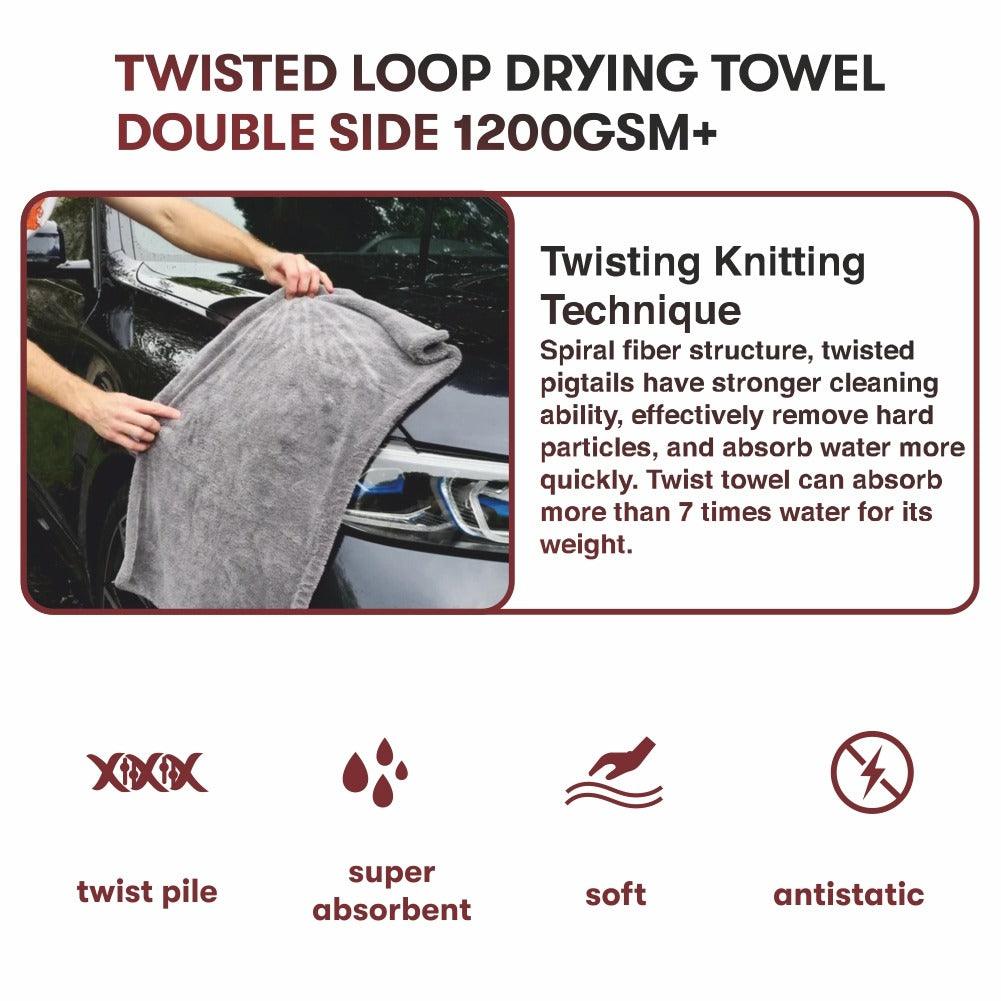 PCC Twisted Loop Drying Towel Double Side, 1400gsm, 70x50cm, Grey - Planet Car Care