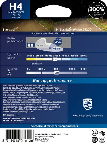 Philips H4 RacingVision GT200 Headlight Bulb, 60/55W, 3600K