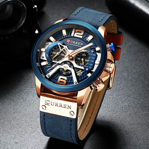 Curren Chronograph Men Watch Leather Luxury Waterproof Sport Watch