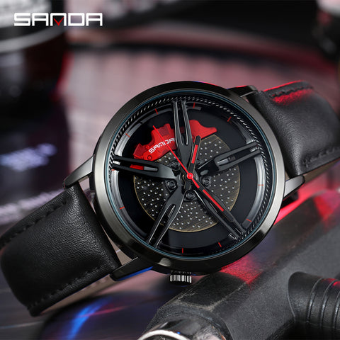 SANDA Men Wristwatch Fashion Wheel Series Dial Leather Strap Waterproof