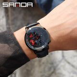 SANDA Men Wristwatch Fashion Wheel Series Dial Leather Strap Waterproof