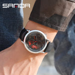 SANDA Men Wristwatch Fashion Wheel Series Dial Leather Strap Waterproof