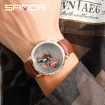 SANDA Men Wristwatch Fashion Wheel Series Dial Leather Strap Waterproof